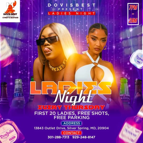 Two women on a purple background with text advertising "Ladies Night Every Thursday" at DOVIS BEST.