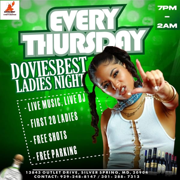 Promotional flyer for Doviesbest Ladies Night, featuring a woman gesturing and event details on a green background.