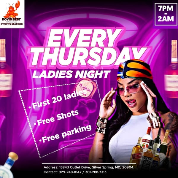 Promotional flyer for Dovis Best Restaurant & Bar's "Every Thursday Ladies Night" with a woman and liquor bottles.