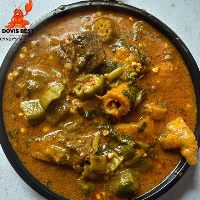 Okra Soup with Garri, Pounded Yams.