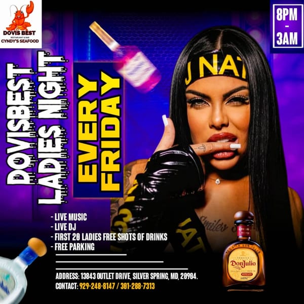 Promotional flyer for Dovis Best Ladies Night, featuring a woman, drinks, and event details.
