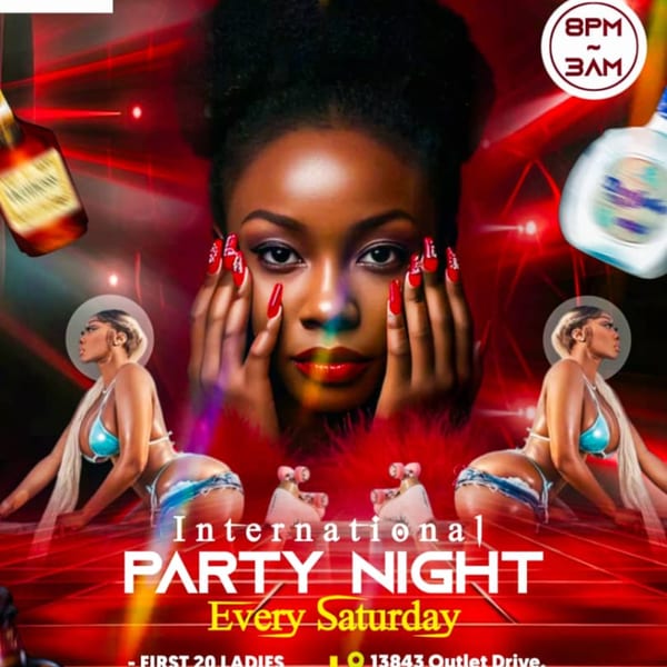 Promotional flyer for "International Party Night Every Saturday" with a woman's face and two women in bikinis.