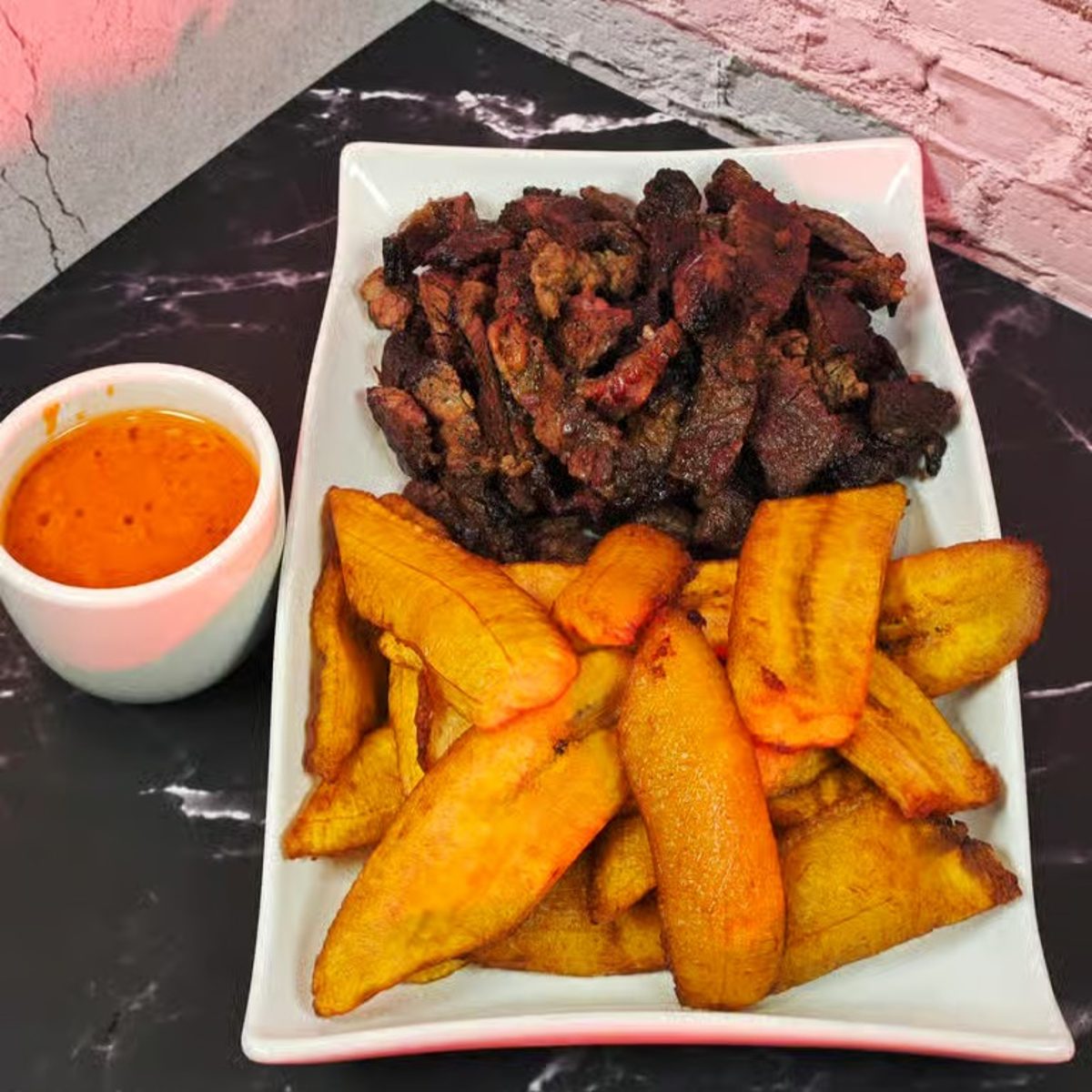 Suya with Fried Plantains or Jollof Rice