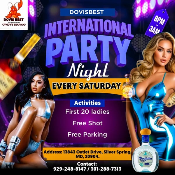 DOVISBEST International Party Night flyer with two women, liquor bottles, and event details.
